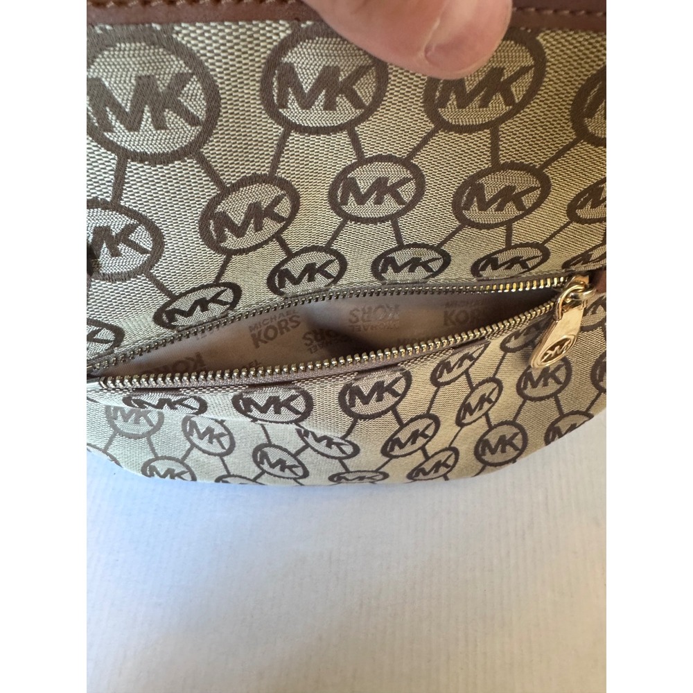 Michael Kors Signature Monogram Tote Bag Beige Brown Leather Trim Zip Top